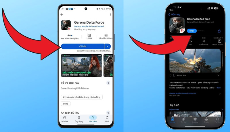 Truy cập kho ứng dụng > Tìm kiếm game > Bấm Cài đặt hoặc Nhận