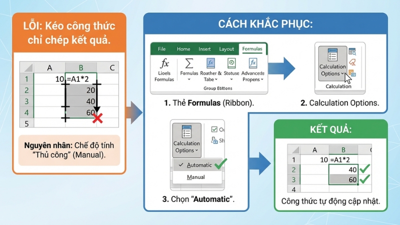 Sửa lỗi k&eacute;o c&ocirc;ng thức xuống nhưng kết quả copy y chang nhau