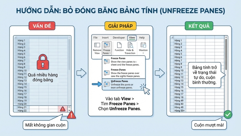 Bỏ cố định h&agrave;ng v&agrave; cột (Unfreeze Panes)