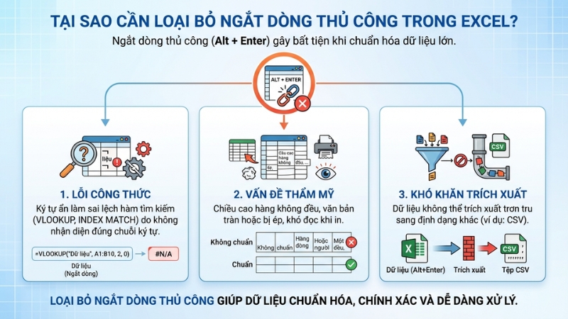 Tại sao cần x&oacute;a ngắt d&ograve;ng (Alt + Enter) trong Excel?