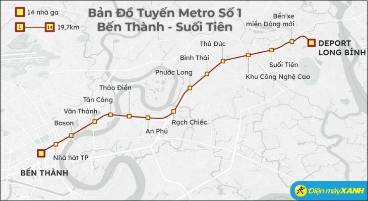 Sơ đồ 14 nhà ga của tuyến metro số 1 Bến Thành - Suối Tiên Sơ đồ 14 nhà ga của tuyến metro số 1 Bến Thành - Suối Tiên