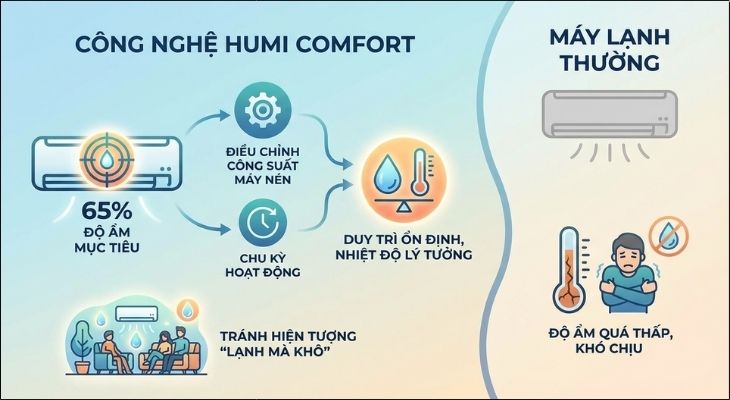 Humi Comfort là bước nâng cấp rõ rệt khi thiết lập một mức độ ẩm mục tiêu trong suốt quá trình làm lạnh