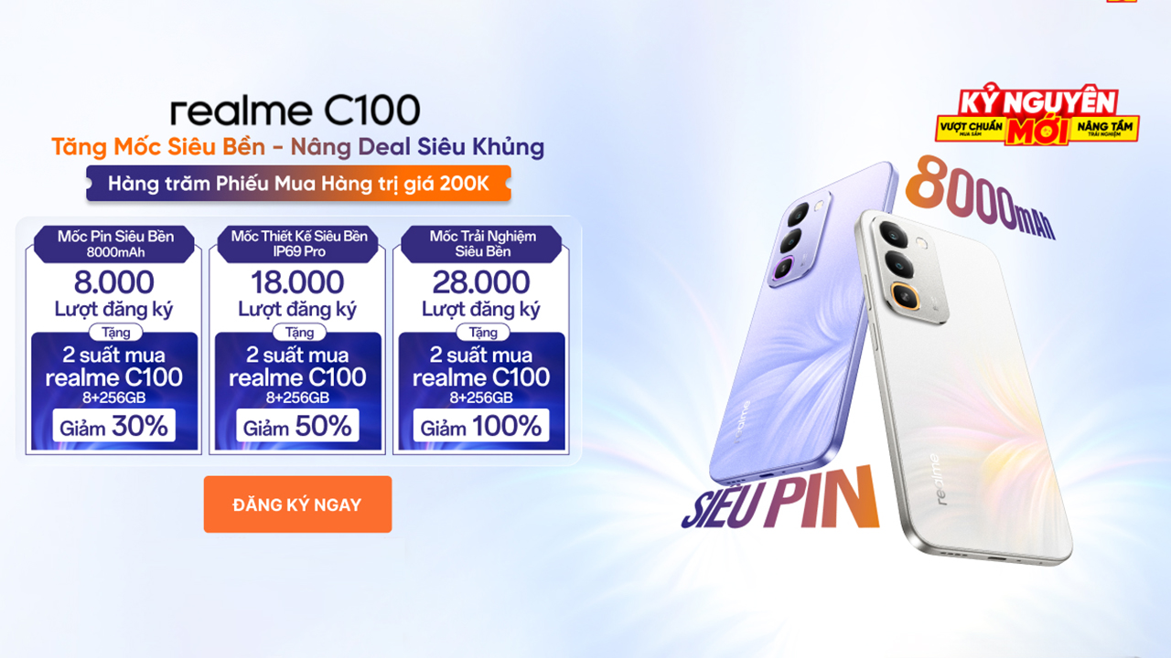 Săn ngay 2 suất realme C100 miễn phí, 2 suất giảm 50% và 2 suất giảm 30%, chỉ có tại TGDĐ