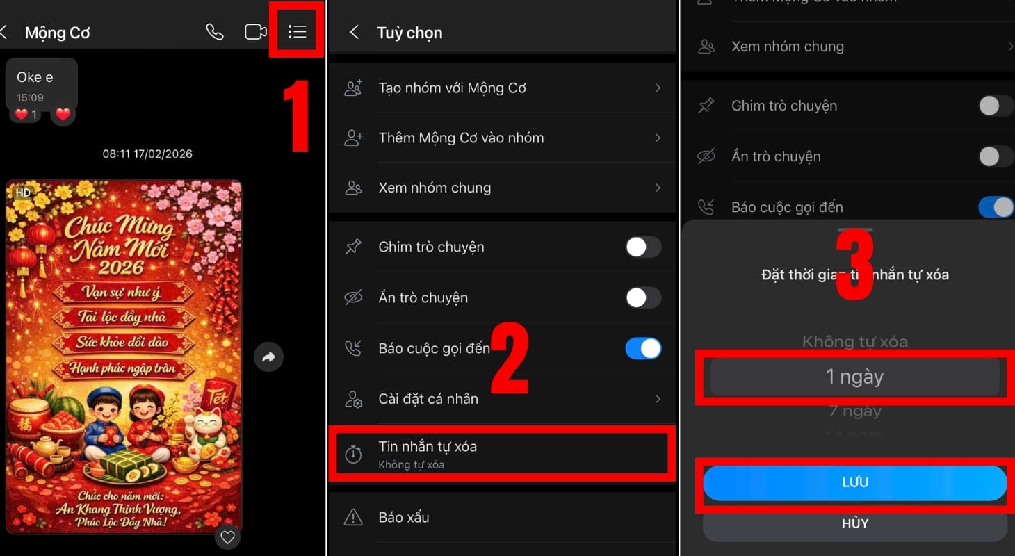 Cách xoá tin nhắn Zalo sau 1 ngày trên điện thoại 