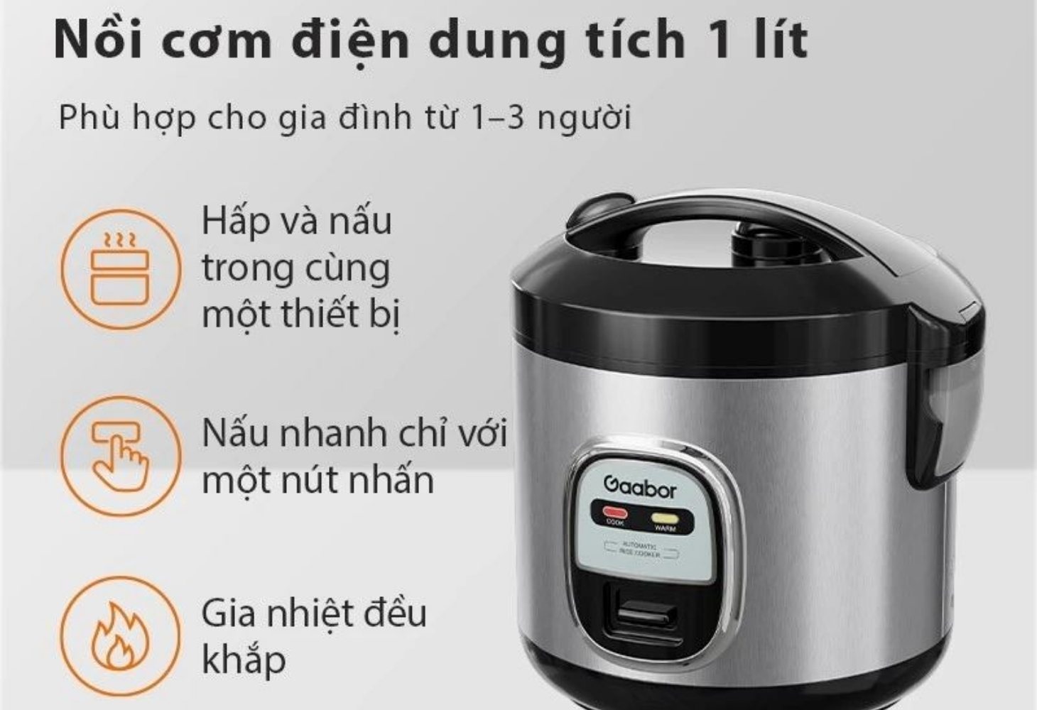Nồi cơm nắp gài Gaabor 1.0 lít RC20M-YE01A nấu cơm nhanh chóng, kết hợp hấp tiện lợi