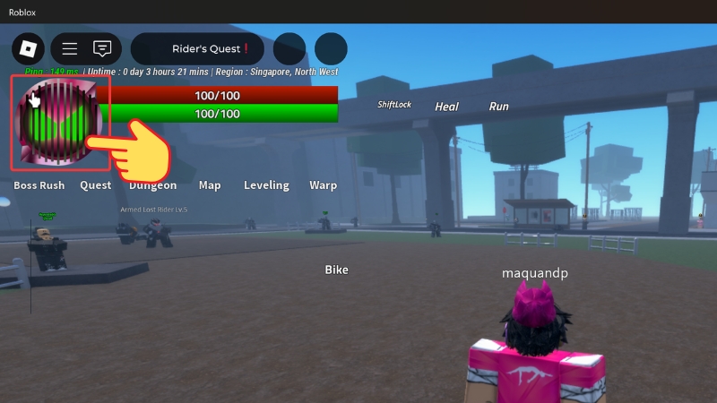 Mở Roblox > Rider World > Nhấn vào biểu tượng Profile