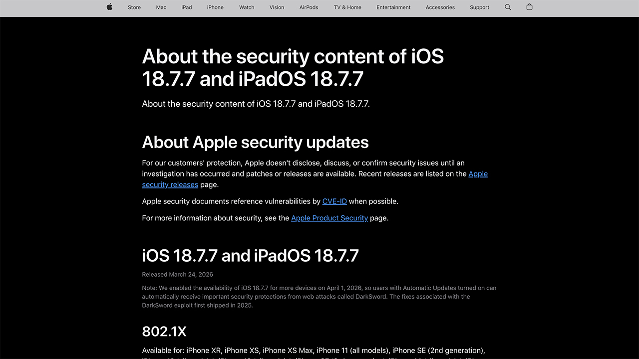 Nội dung bảo mật của iOS 18.7.7