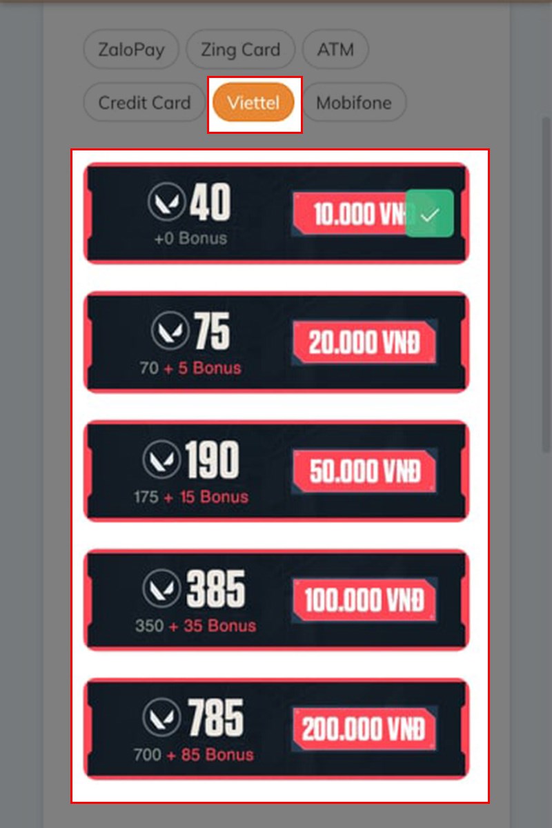 Chọn hình thức thanh toán Viettel và chọn gói giá trị muốn nạp