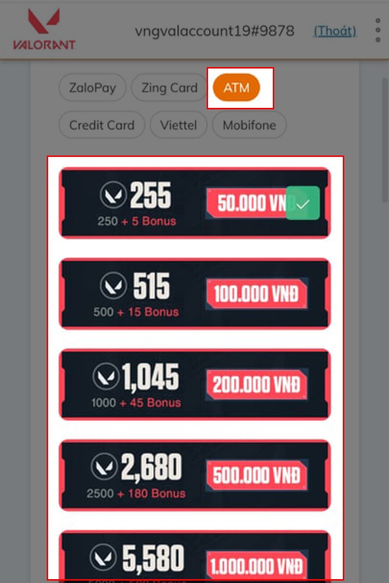 Chọn hình thức thanh toán ATM và chọn gói giá trị muốn nạp