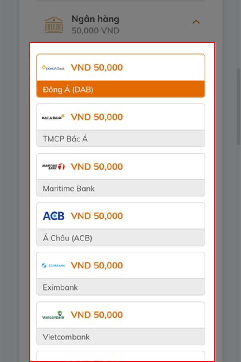 Ở mục Cách thanh toán, bạn chọn ngân hàng thực hiện giao dịch