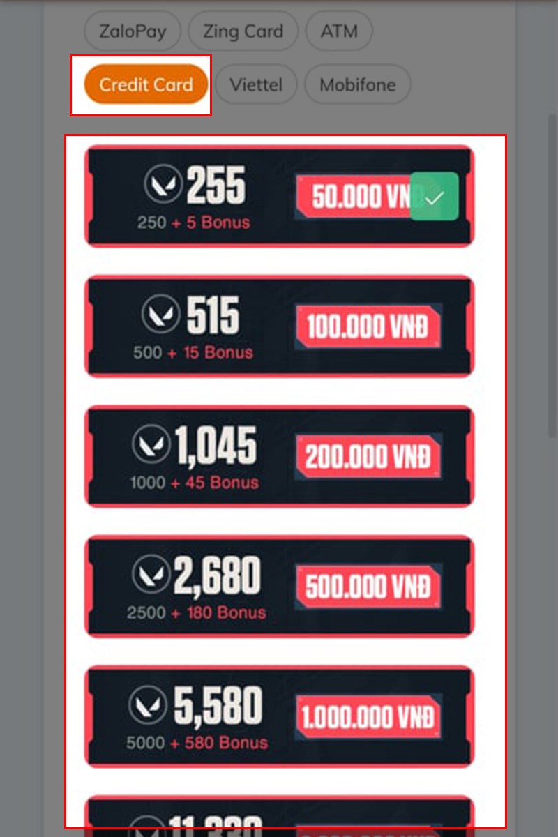 Chọn hình thức thanh toán Credit Card và chọn gói giá trị muốn nạp