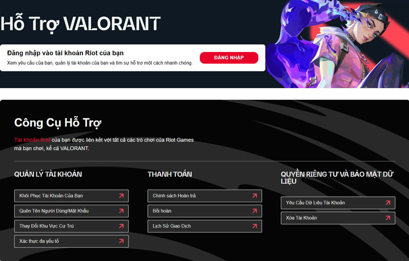Vào trang hỗ trợ chính thức của Valorant