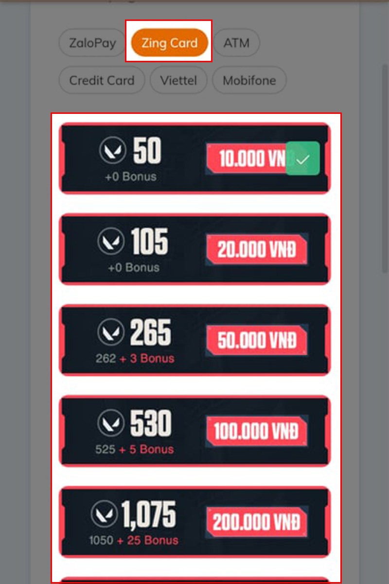 Chọn Zing Card và gói giá trị muốn nạp