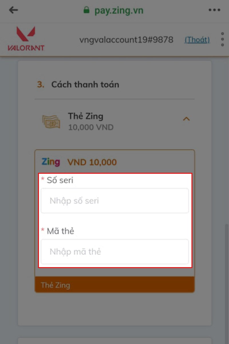 Ở mục Cách thanh toán, bạn nhập số seri và mã thẻ