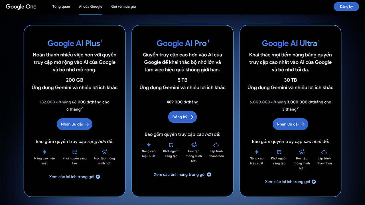 Google AI Pro 5 TB Các gói