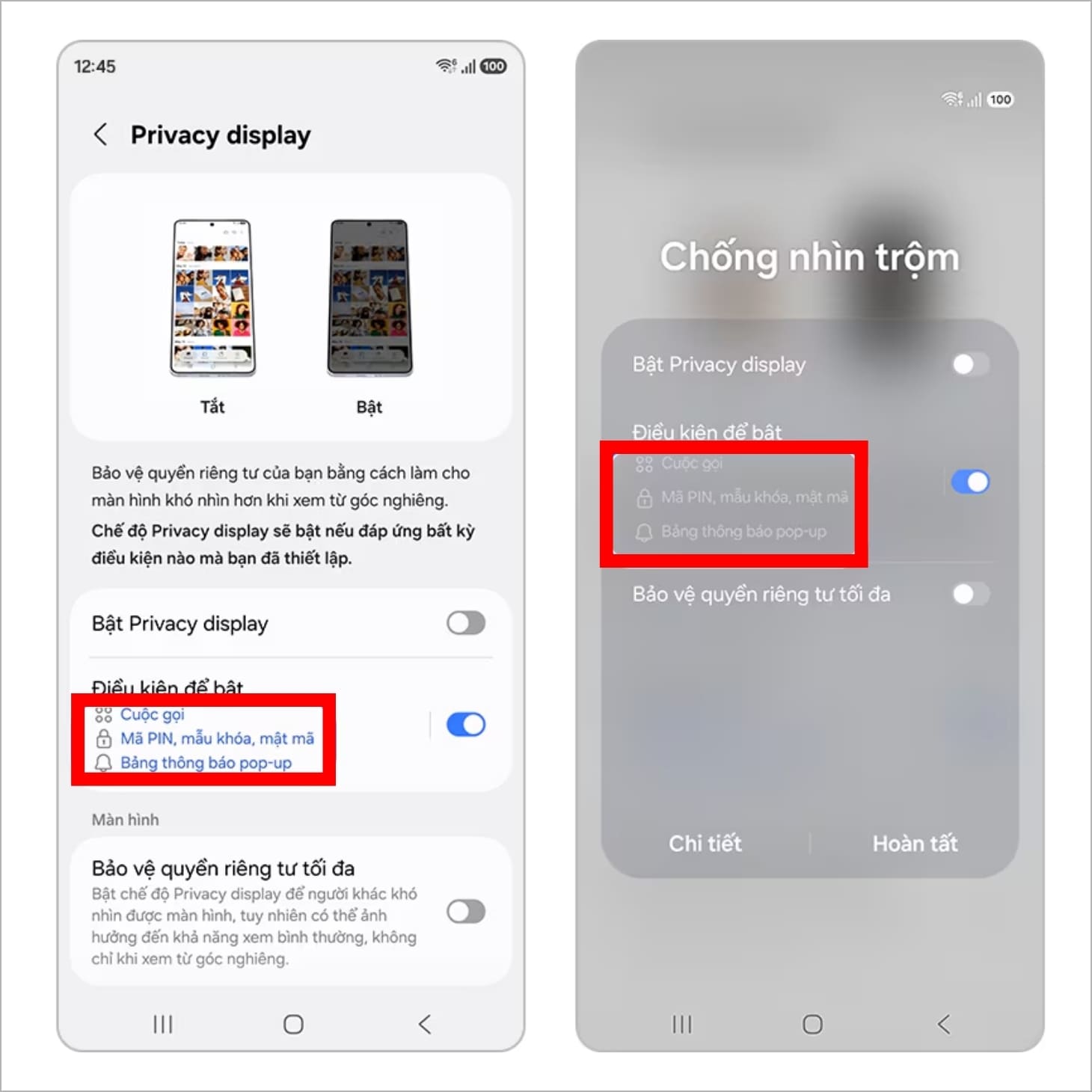 Bạn có thể xem lại những cài đặt Privacy Display trong phần cài đặt hoặc trên Bảng điều khiển nhanh Bạn có thể xem lại những cài đặt Privacy Display trong phần cài đặt hoặc trên Bảng điều khiển nhanh
