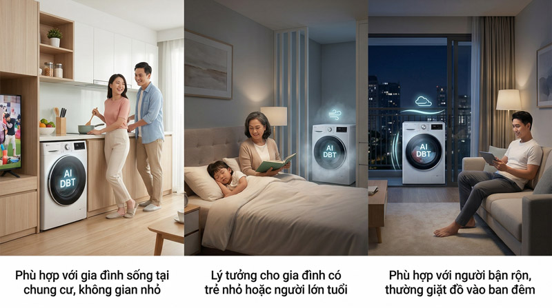 Máy giặt AI DBT êm ái, giảm ồn, lý tưởng cho chung cư, nhà bận rộn Máy giặt AI DBT êm ái, giảm ồn, lý tưởng cho chung cư, nhà bận rộn
