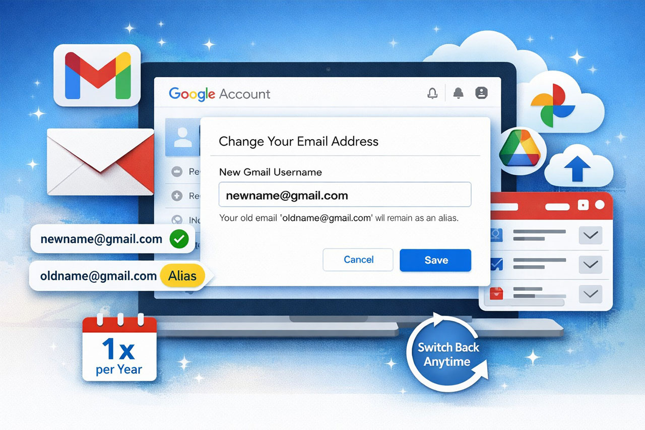 Google cho phép đổi địa chỉ Gmail Dữ liệu giữ nguyên