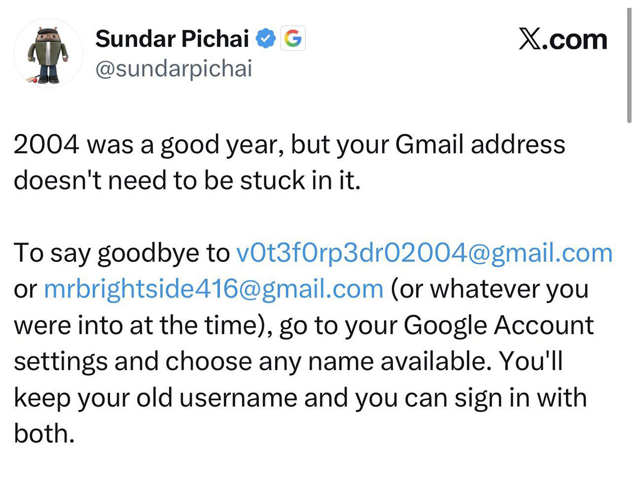 Google cho phép đổi địa chỉ Gmail CEO Google chia sẻ