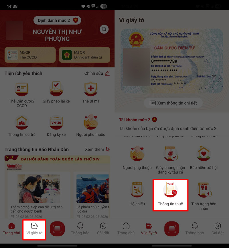 Mở VNeID, chọn Ví giấy tờ rồi vào mục Thông tin Thuế