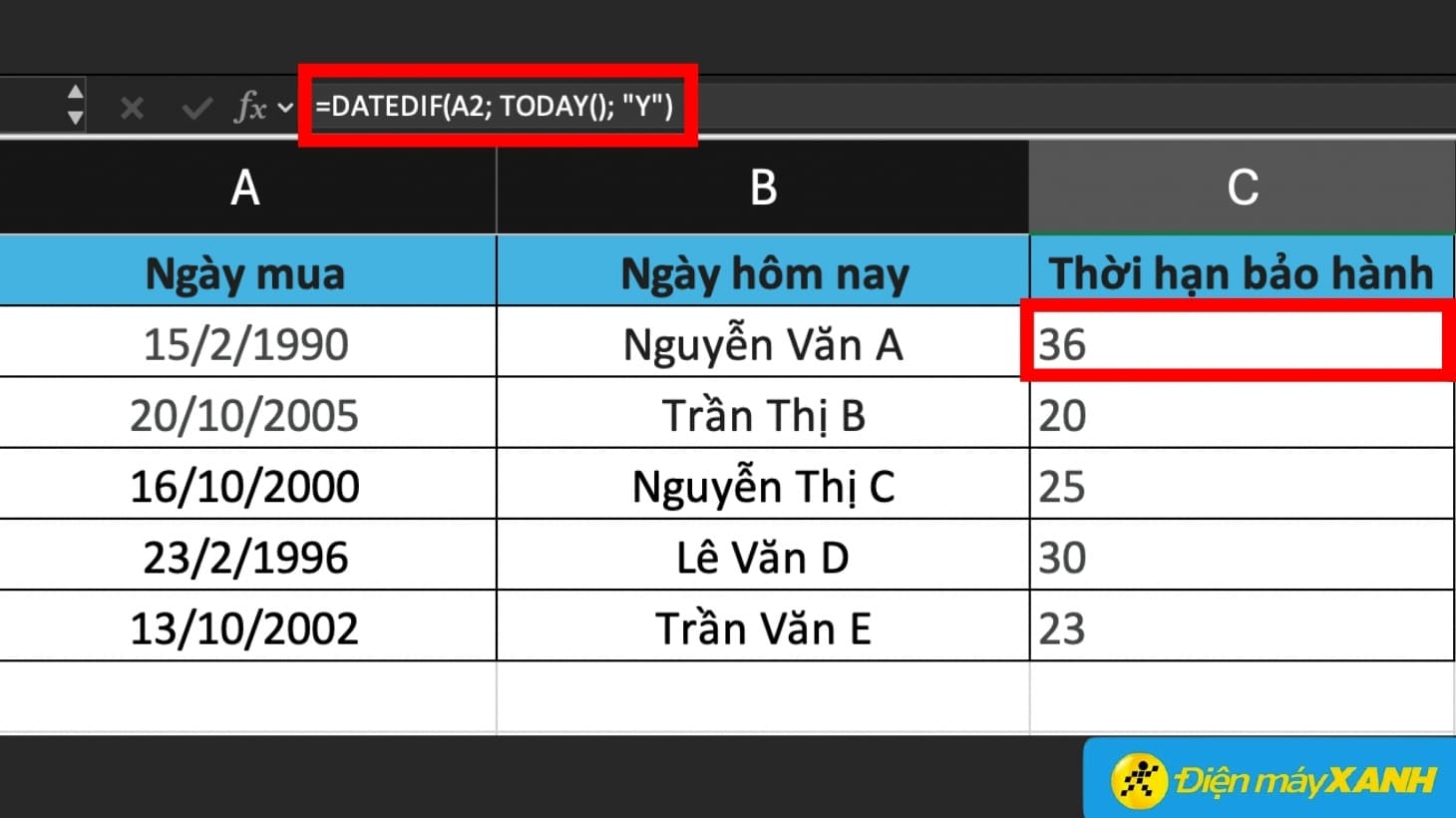 Dùng hàm DATEDIF tính số tuổi