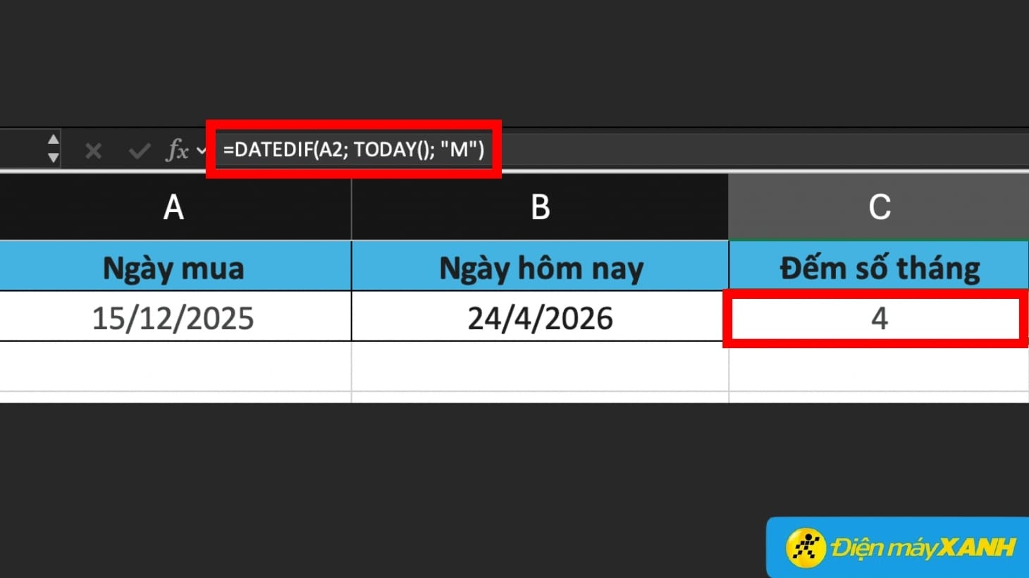 Dùng hàm DATEDIF tính số tháng 
