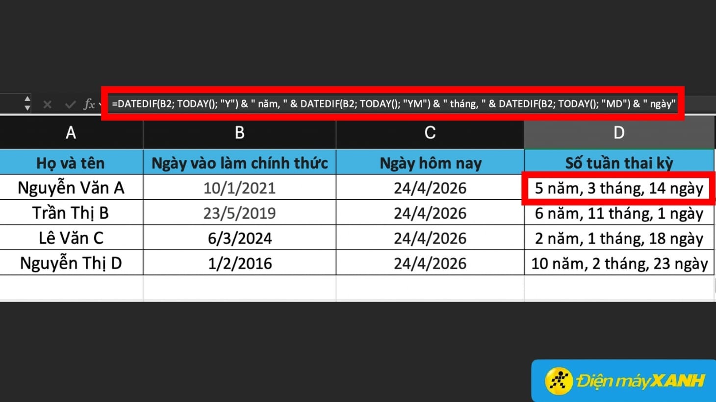 Dùng hàm DATEDIF tính thời gian chính xác theo năm - tháng - ngày