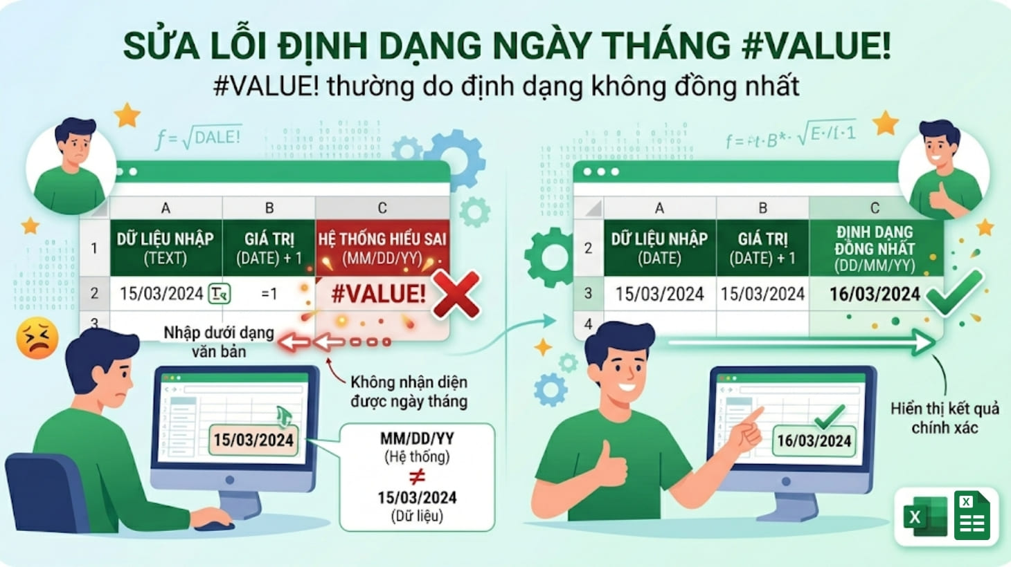 Lỗi #VALUE! thường gặp khi sử dụng sai định dạng ngày tháng năm 
