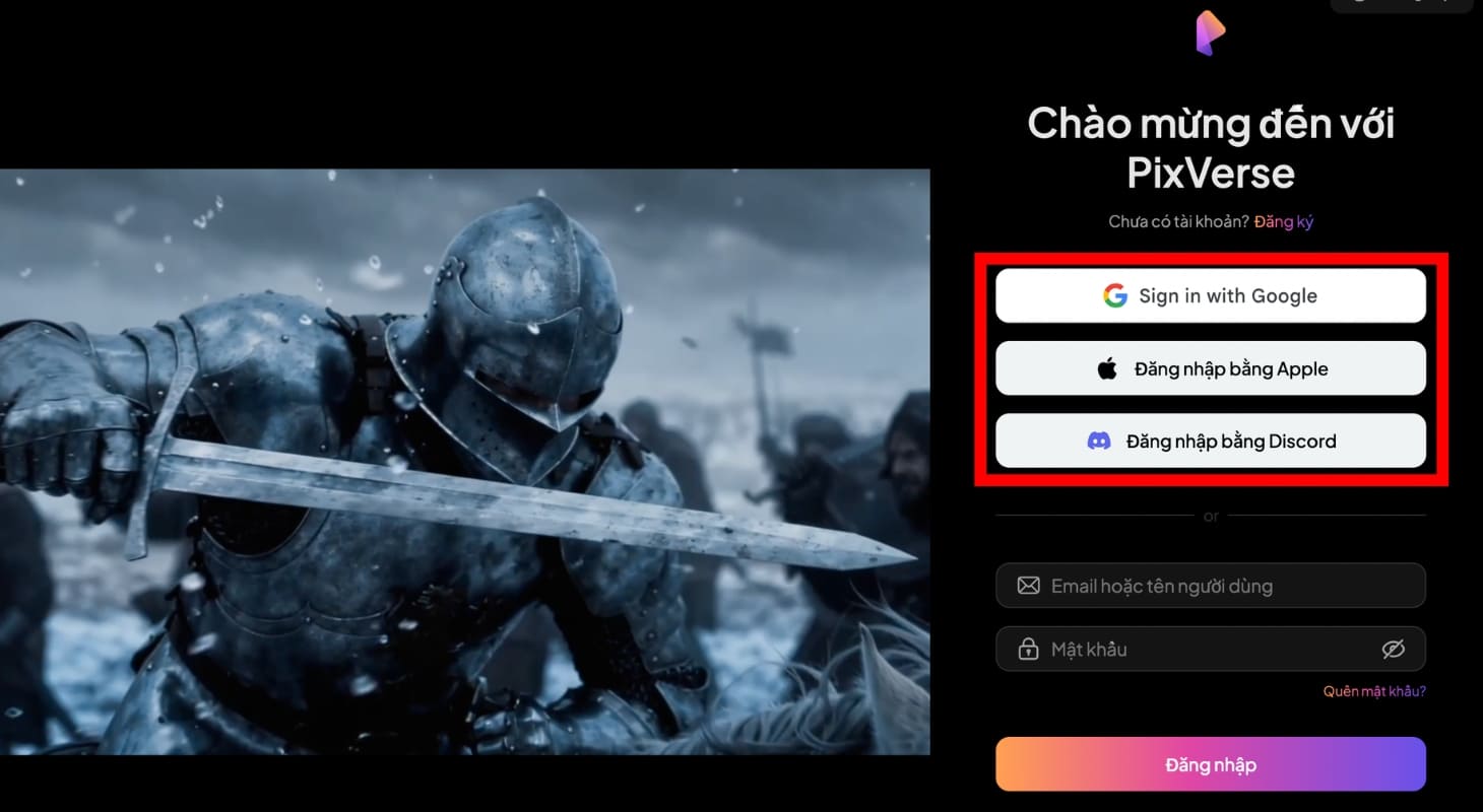 Bạn có thể đăng nhập vào PixVerse bằng Google, ID Apple hay Discord Bạn có thể đăng nhập vào PixVerse bằng Google, ID Apple hay Discord