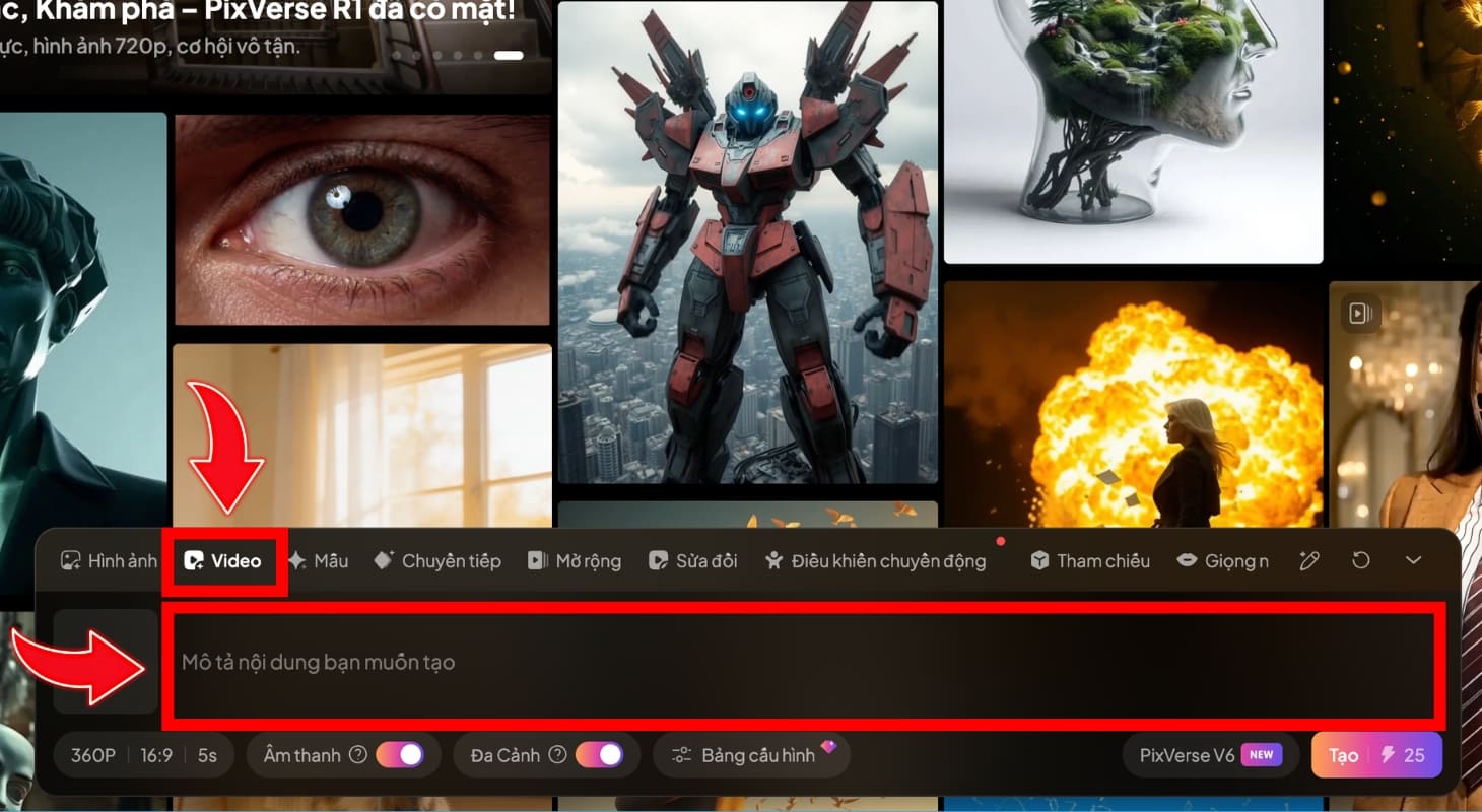 Nhập câu lệnh mô tả video vào khung chat của PixVerse Nhập câu lệnh mô tả video vào khung chat của PixVerse