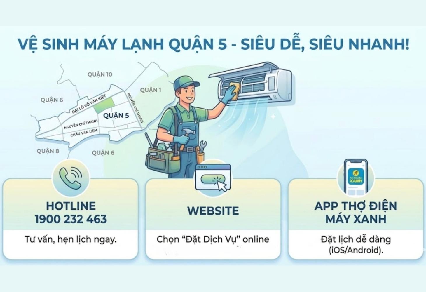 Đặt lịch vệ sinh máy lạnh Quận 5 siêu dễ, siêu nhanh Đặt lịch vệ sinh máy lạnh Quận 5 siêu dễ, siêu nhanh