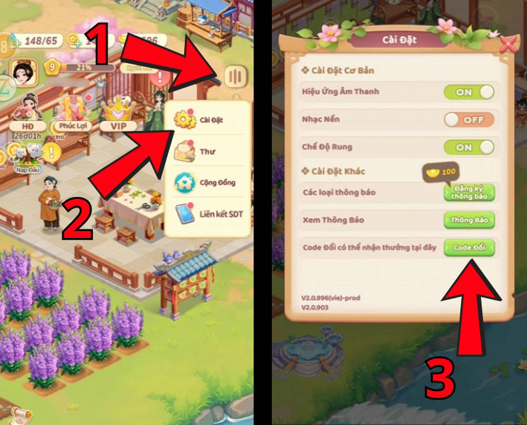 Chọn mục Cài Đặt và chọn mục Code Đổi