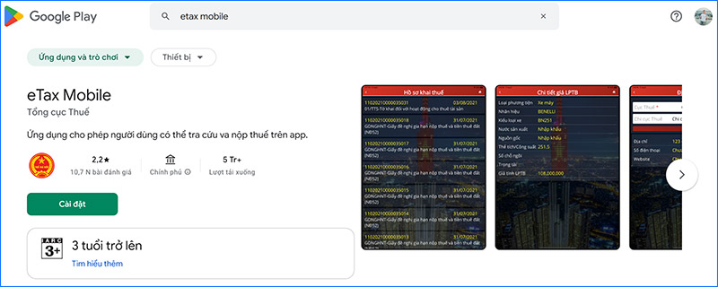 Nhập từ khóa Thuế điện tử hoặc eTax Mobile vào ô tìm kiếm