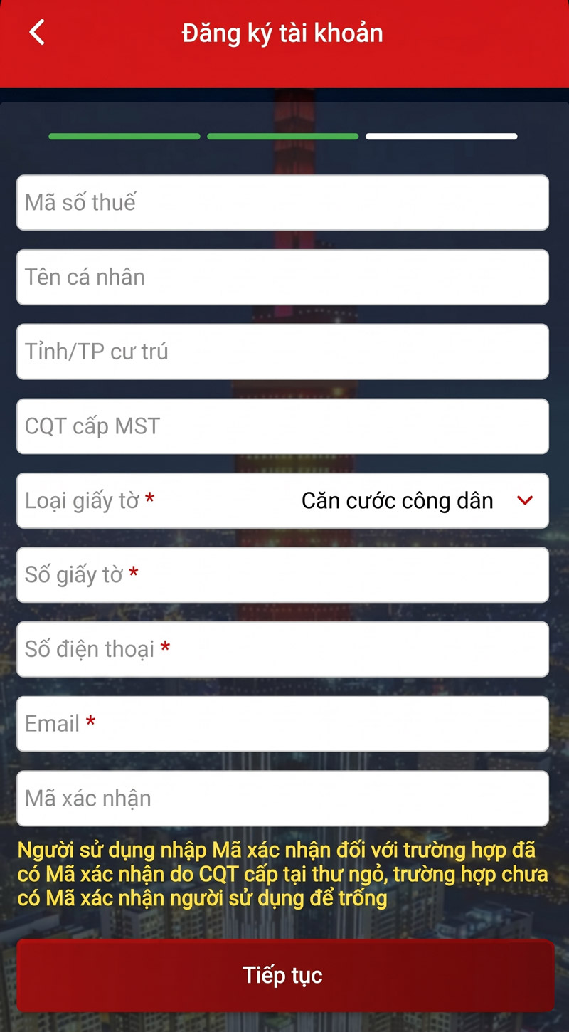 Nhập SĐT, email theo MST hiển thị và nhấn Tiếp tục để hoàn tất nhanh