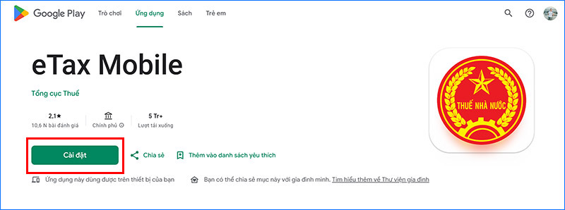 Chọn đúng app eTax Mobile rồi nhấn tải về hoặc cài đặt