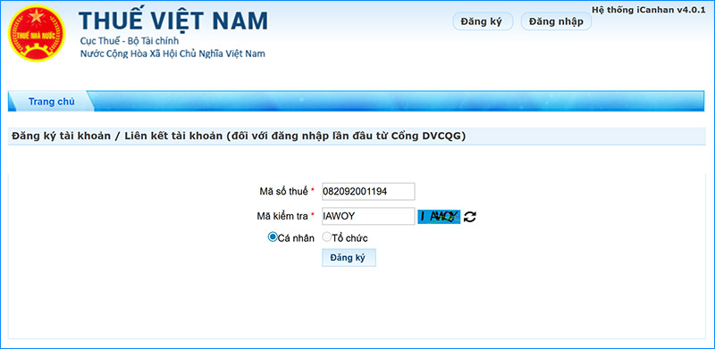 Nhập MST và mã kiểm tra