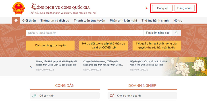 Vào dichvucong.gov.vn, chọn Đăng ký để bắt đầu tạo tài khoản mới