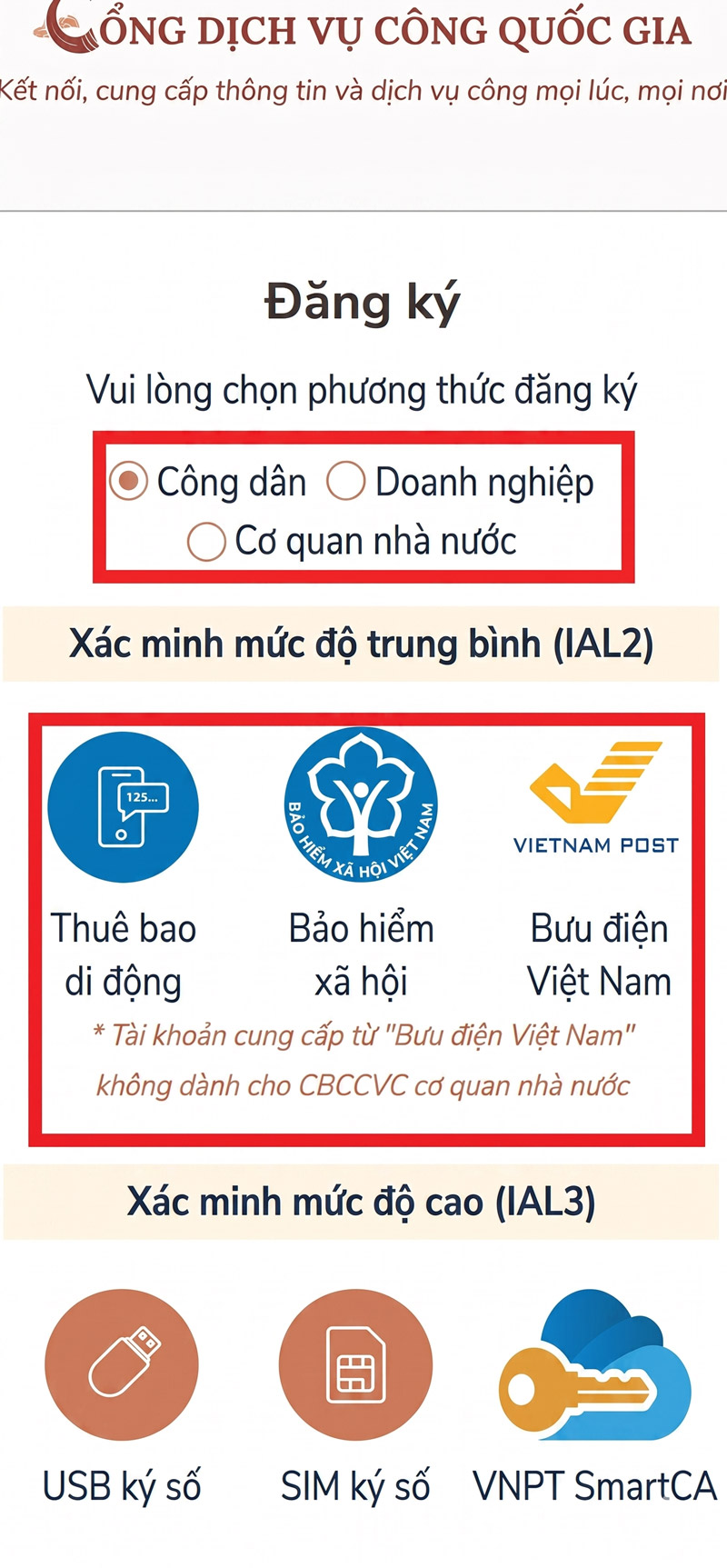 Chọn Công dân và đăng ký bằng thuê bao di động để xác thực nhanh