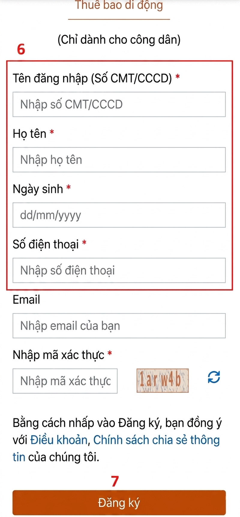 Nhập đầy đủ thông tin bắt buộc rồi nhấn Đăng ký để tiếp tục