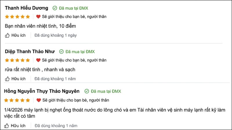 Kh&aacute;ch h&agrave;ng chấm điểm 4.5/5 sao cho chất lượng dịch vụ rửa m&aacute;y lạnh