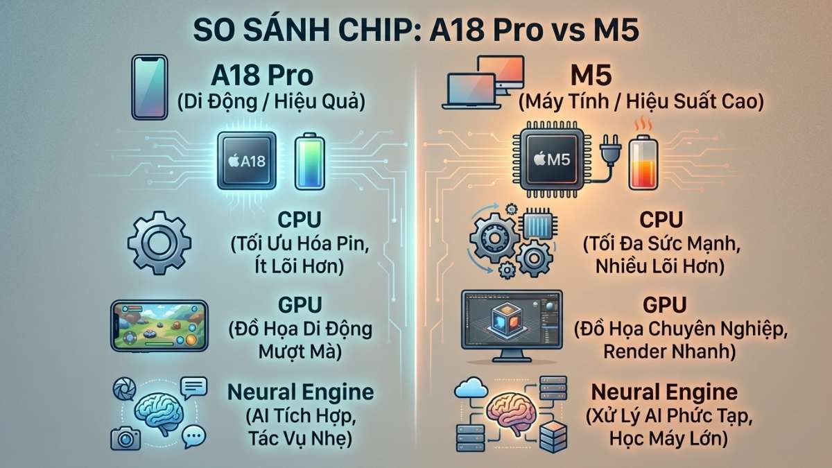 Chip A18 Pro với M5 Chip A18 Pro với M5