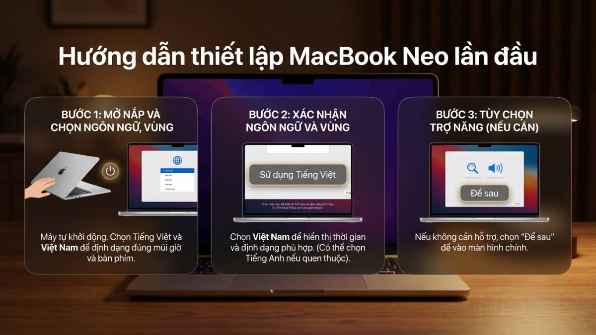 Mở m&aacute;y, chọn ng&ocirc;n ngữ v&agrave; tuỳ chọn trợ năng