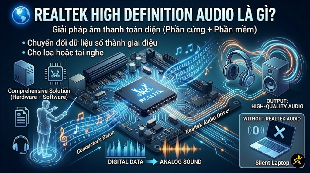 Sơ đồ hoạt động chip v&agrave; driver Realtek High Definition Audio tr&ecirc;n laptop