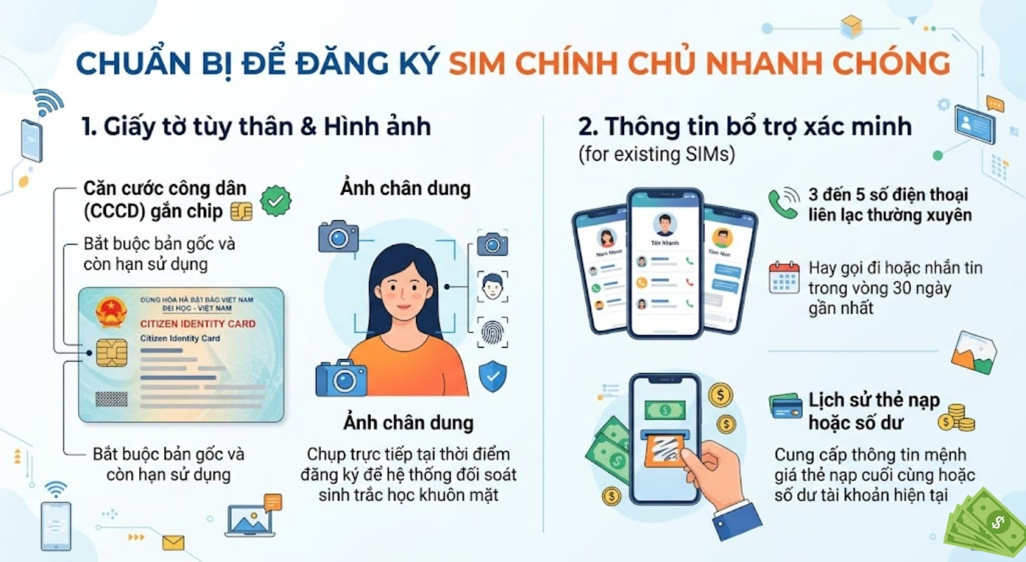 Để đăng ký SIM chính chủ, bạn cần chuẩn bị giấy tờ tùy thân và thông tin thuê bao của mình