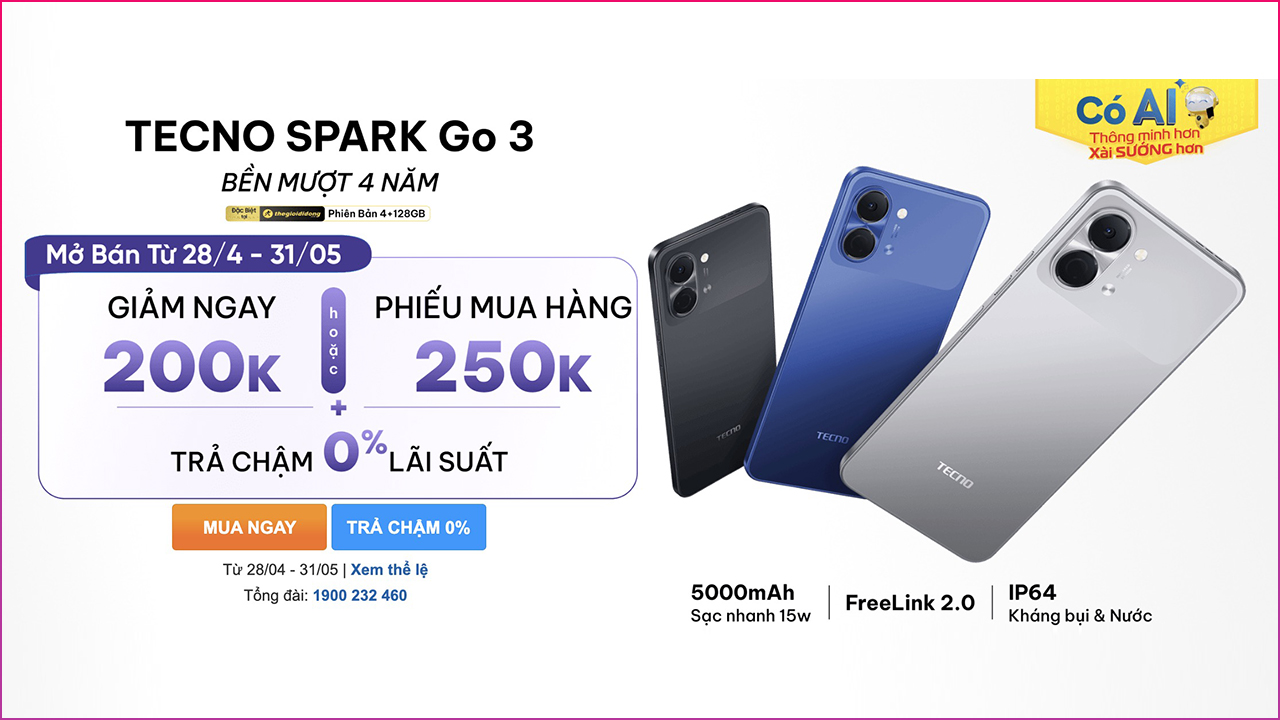 Hotsale mở bán TECNO Spark Go 3: Giảm 200K hoặc tặng PMH 250K, trả chậm 0% lãi suất