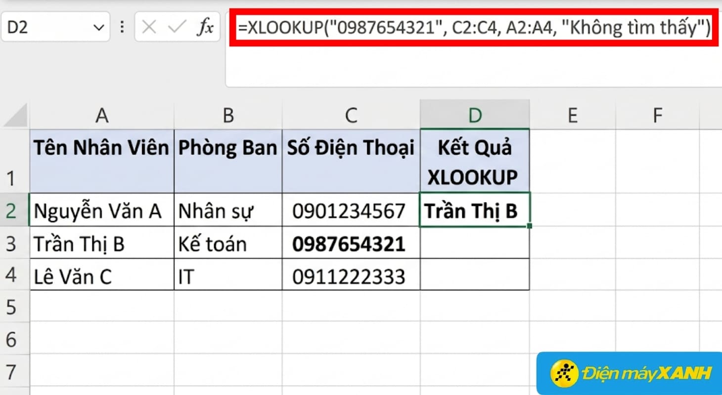 Ví dụ về hàm XLOOKUP tìm kiếm dữ liệu từ phải sang trái