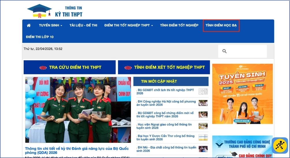 Chọn mục Tính điểm học bạ trên trang chủ