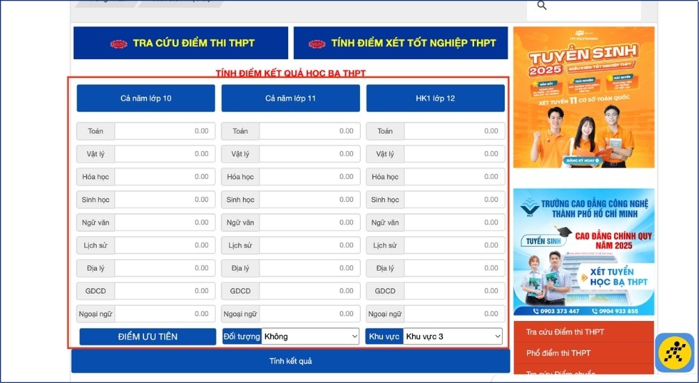 Kéo xuống và nhập đúng số điểm của các môn nằm trong tổ hợp mà bạn dự định dùng để xét tuyển