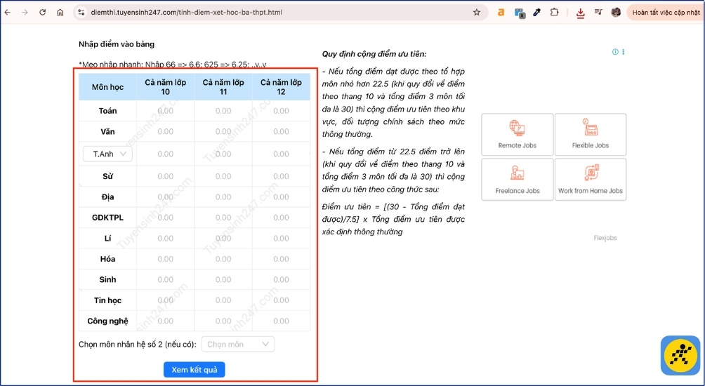 Nhập đầy đủ, chính xác điểm số của 3 năm học THPT theo các ô tương ứng