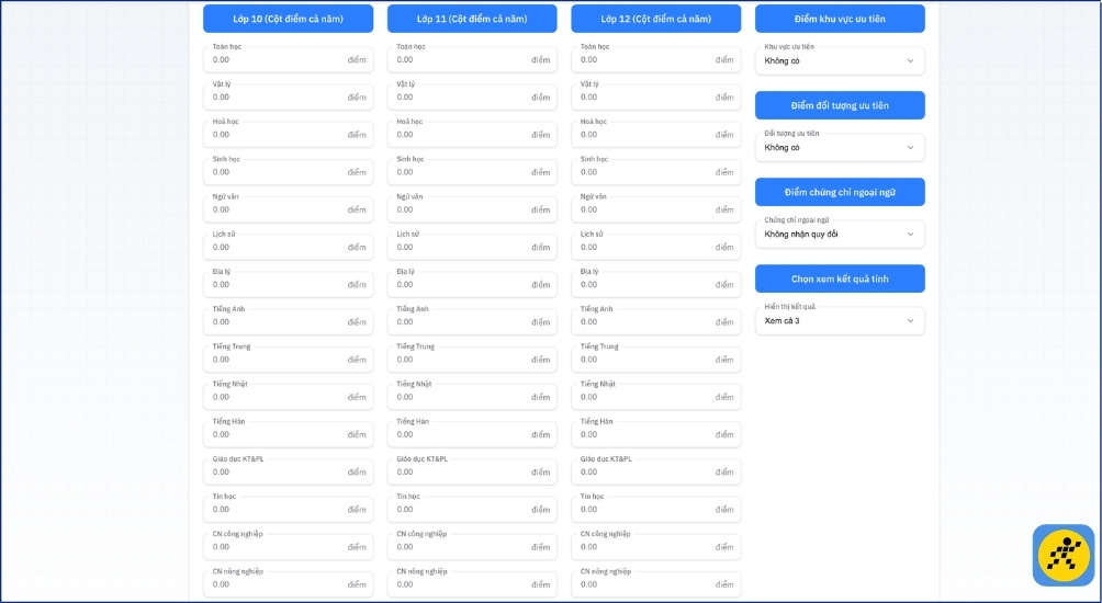 Bạn tiến hành nhập đầy đủ và chính xác điểm số của 3 năm học theo các ô thông tin mà hệ thống yêu cầu